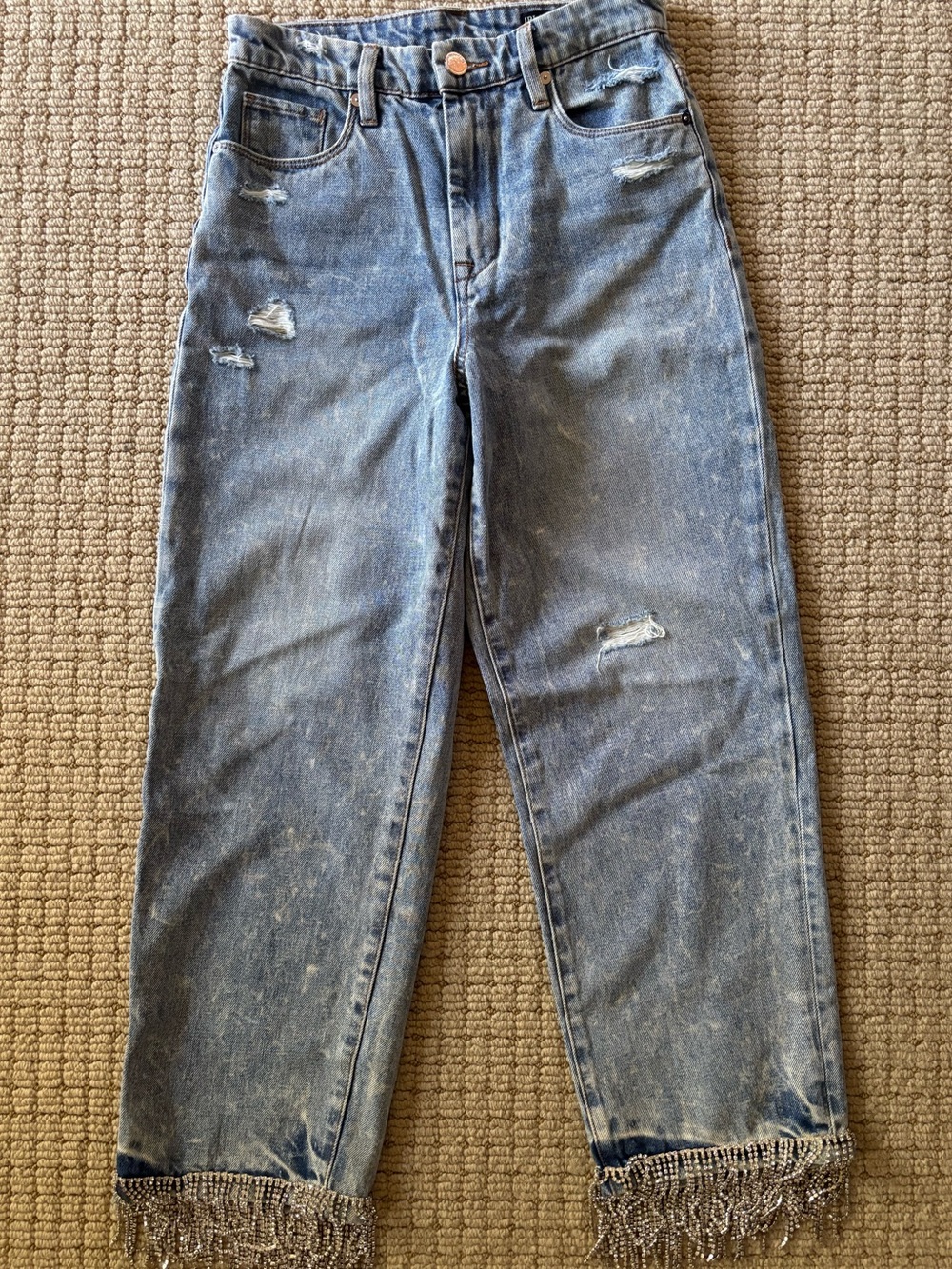 Blank NYC Faded Blue Relaxed Men’s Jeans with Beaded Fringe Hem